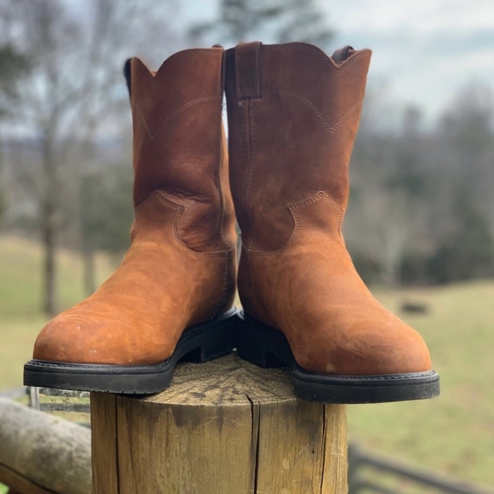 Justin Boots Brown Cowboy Western Boots with Scalloped Edge Steel Toe Work